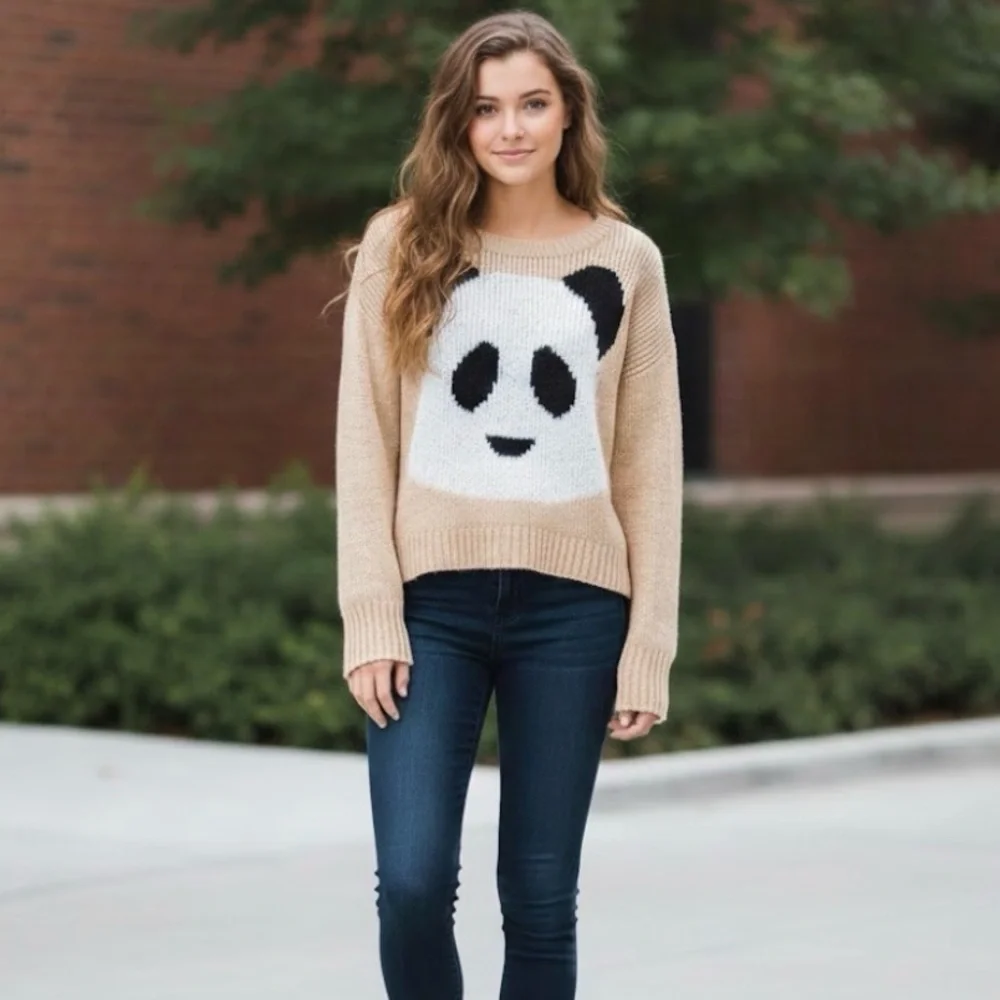 Streetwear Society Peach Panda Knit Sweater Small Cute Comfy Kawaii Long Sleeve - Picture 1 of 8